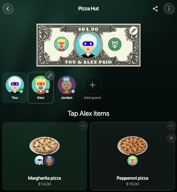 El CheckPie de Pizza Hut en la web: el billete $64.90 You & Alex paid, la selección en Alex dentro de la fila de personas You, Alex, Jordan y Add guest, y el encabezado Tap Alex items sobre las tarjetas de los artículos.
