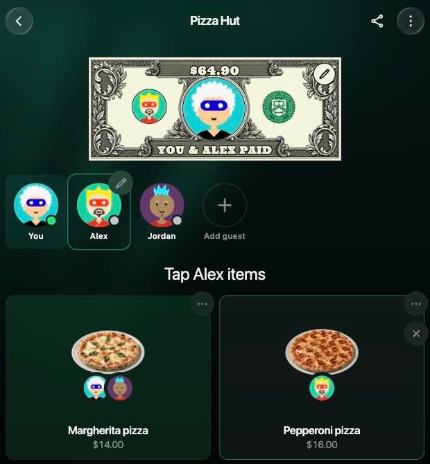 El CheckPie de Pizza Hut en la web: el billete $64.90 You & Alex paid, la selección en Alex dentro de la fila de personas You, Alex, Jordan y Add guest, y el encabezado Tap Alex items sobre las tarjetas de los artículos.