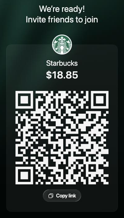 We're ready! Invite friends to join, con el total del recibo de Starbucks, $18.85, un código QR y Copy link.
