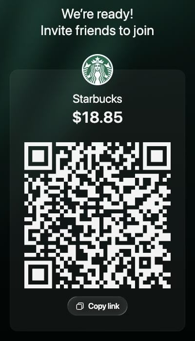 We're ready! Invite friends to join, con el total del recibo de Starbucks, $18.85, un código QR y Copy link.