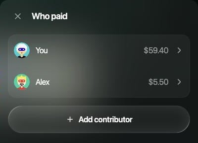 Panel Who paid en la web: You $59.40, Alex $5.50 y Add contributor.