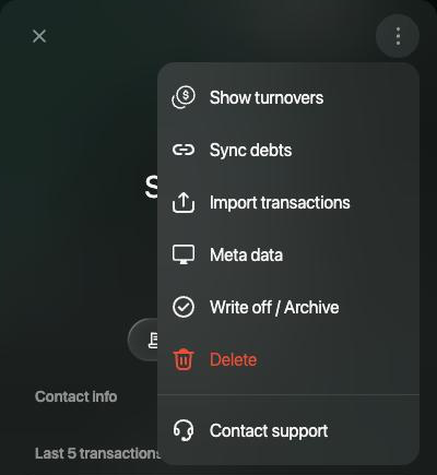 Menú de la cuenta de deuda: Show turnovers, Sync debts, Import transactions, Meta data, Write off / Archive, Delete y Contact support.