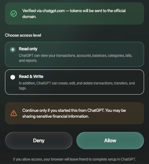 finerd access panel with Read only selected, Read & Write available, and Allow and Deny buttons.