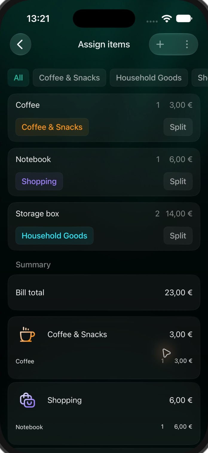 iOS Assign items screen with editable item names, amounts and category assignments for a 23 euro receipt