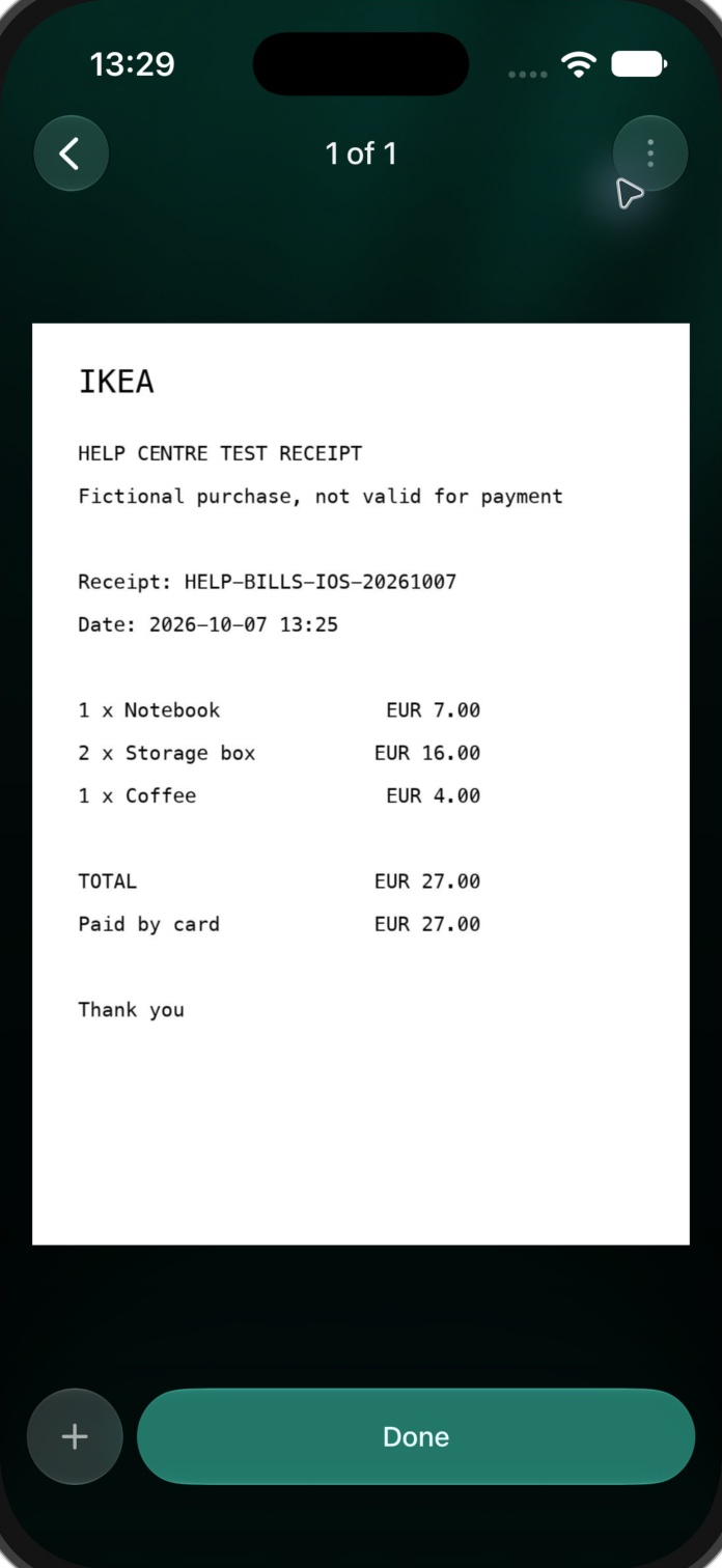 iOS attachments screen showing a fictional receipt PDF and the Done button