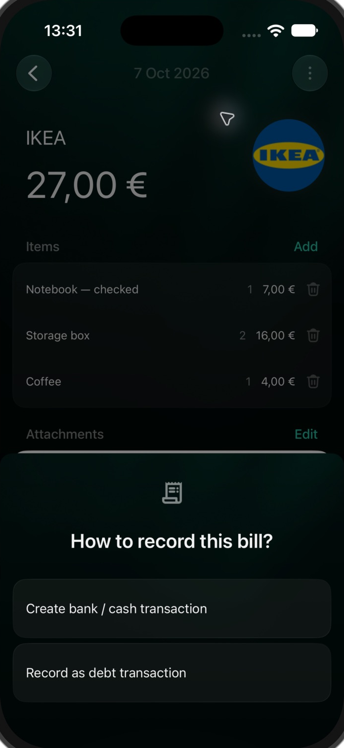 iOS How to record this bill screen offering Create bank / cash transaction and Record as debt transaction