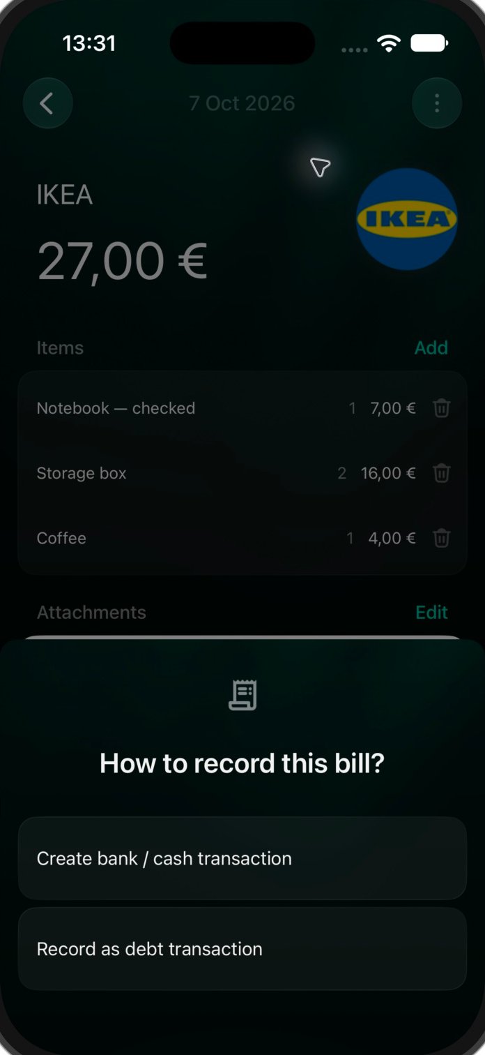 iOSのHow to record this bill画面。Create bank / cash transactionとRecord as debt transaction