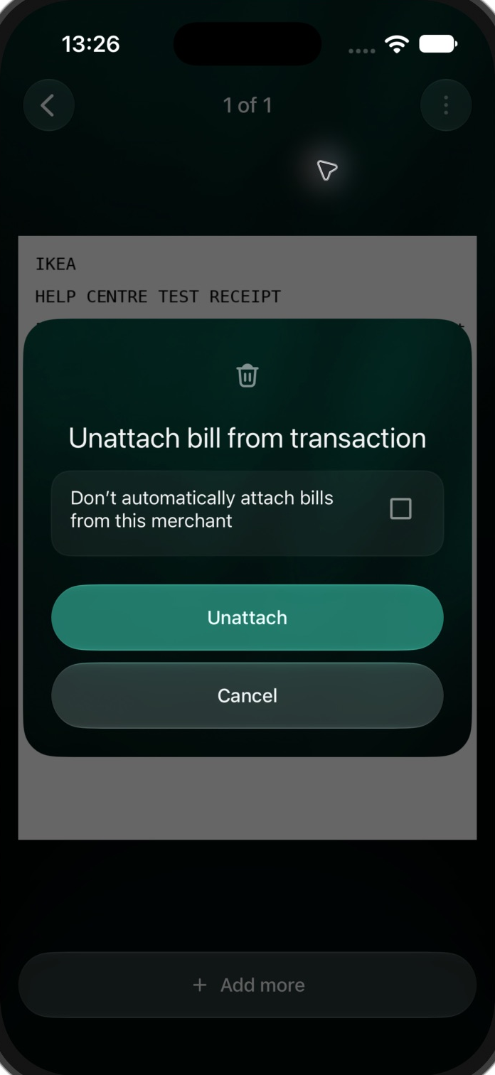 iOS Unattach bill from transaction dialog with the merchant option unchecked