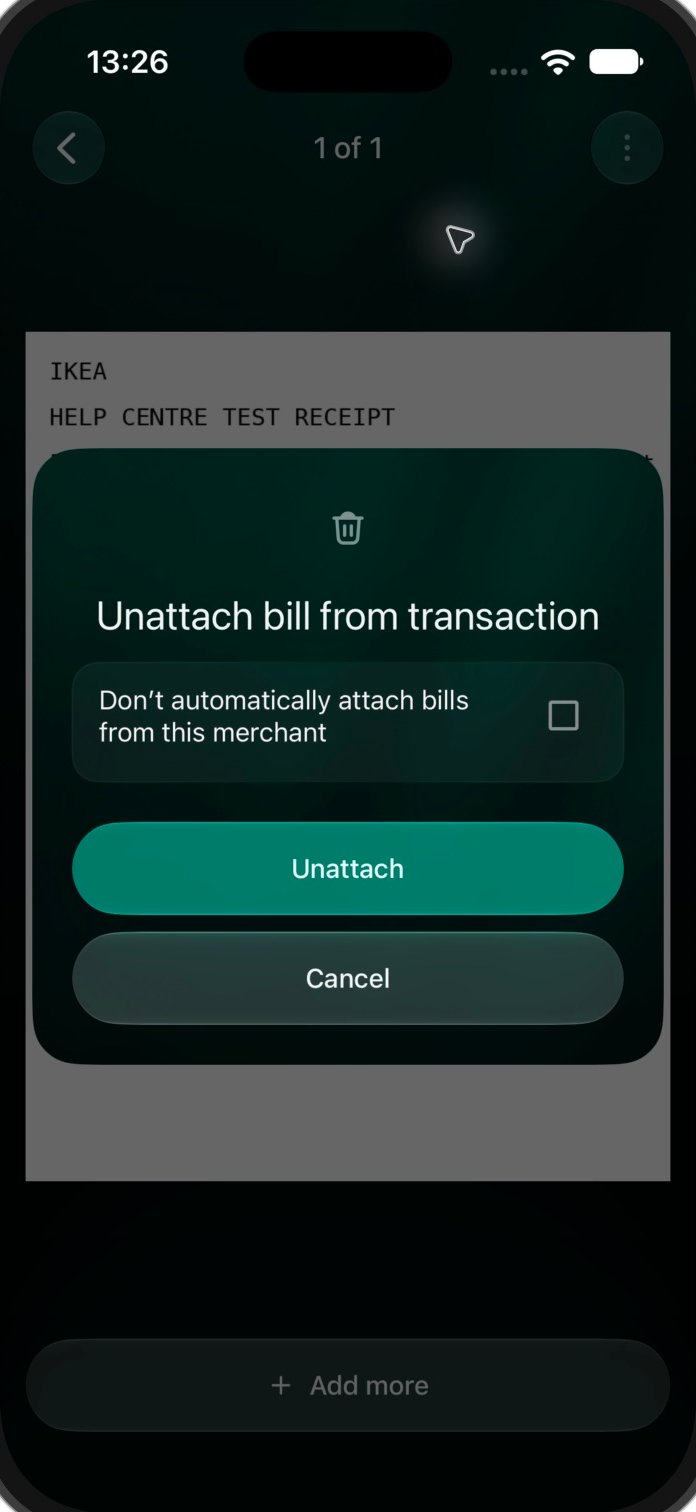 iOSのUnattach bill from transactionダイアログ。お店のオプションのチェックが外れている