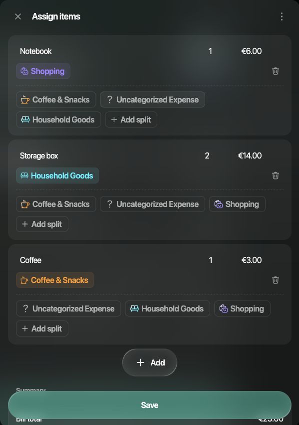Assign items panel with editable receipt item names, quantities, amounts and category assignments