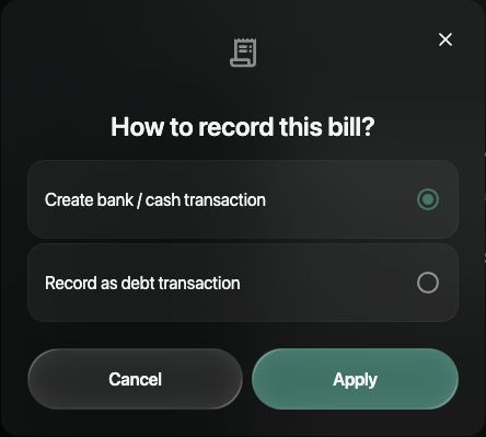 How to record this bill dialog with Create bank / cash transaction selected and an Apply button