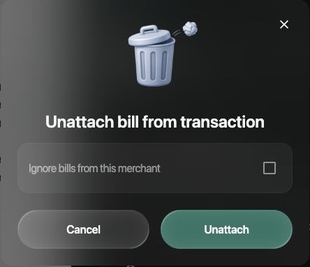 Unattach bill from transaction dialog with Ignore bills from this merchant unchecked