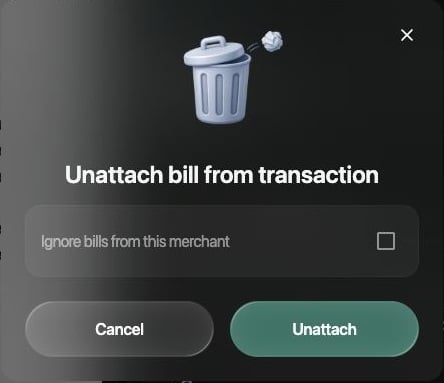 Unattach bill from transactionダイアログ。Ignore bills from this merchantのチェックが外れている