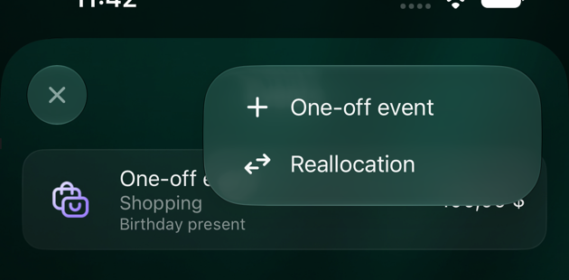 iOS Events screen with the + menu open: One-off event and Reallocation.