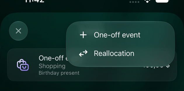 iOSのEvents画面で+のメニューを開いたところ。One-off eventとReallocation