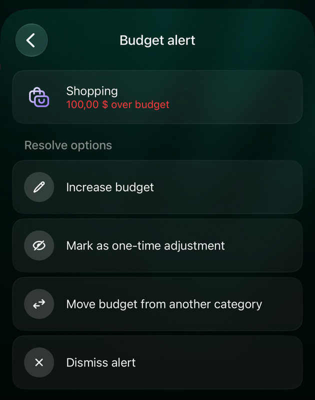 iOS Budget alert screen: Shopping, 100,00 dollars over budget; Resolve options Increase budget, Mark as one-time adjustment, Move budget from another category, Dismiss alert.