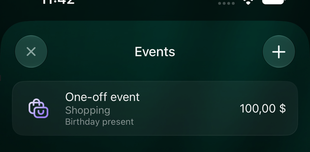 iOS Events screen: One-off event, Shopping, Birthday present, 100,00 dollars, with a + button at the top.