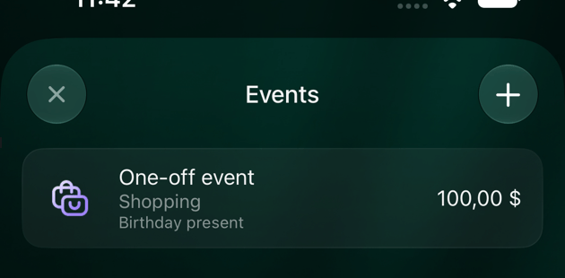 iOSのEvents画面。One-off event、Shopping、Birthday present、100,00ドル。上部に+ボタン