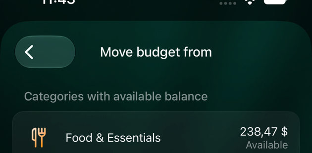 iOS Move budget from screen, Categories with available balance: Food & Essentials 238,47 dollars and Eating Out & Delivery 150,00 dollars, each marked Available.