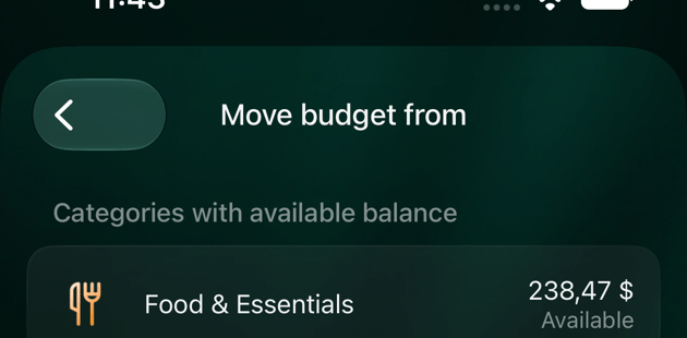 iOSのMove budget from画面、Categories with available balance。Food & Essentials 238,47ドルとEating Out & Delivery 150,00ドル、それぞれにAvailableの表示