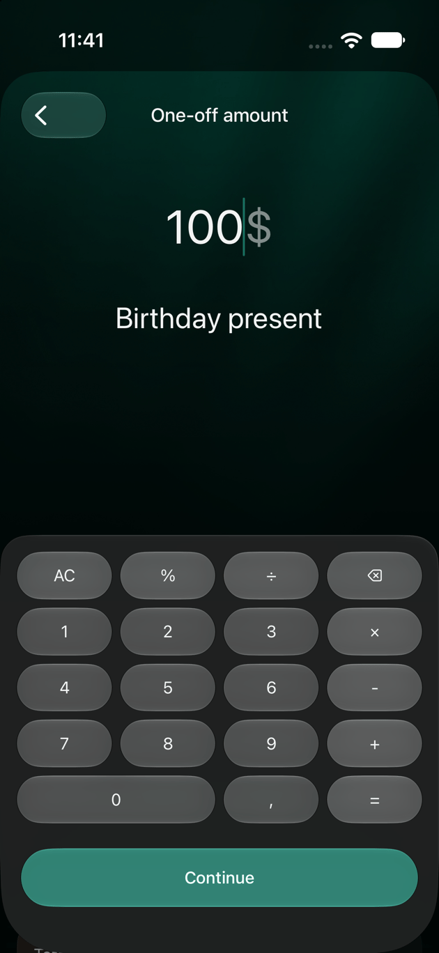 iOSのOne-off amount画面。100ドル、説明はBirthday present、Continueボタン