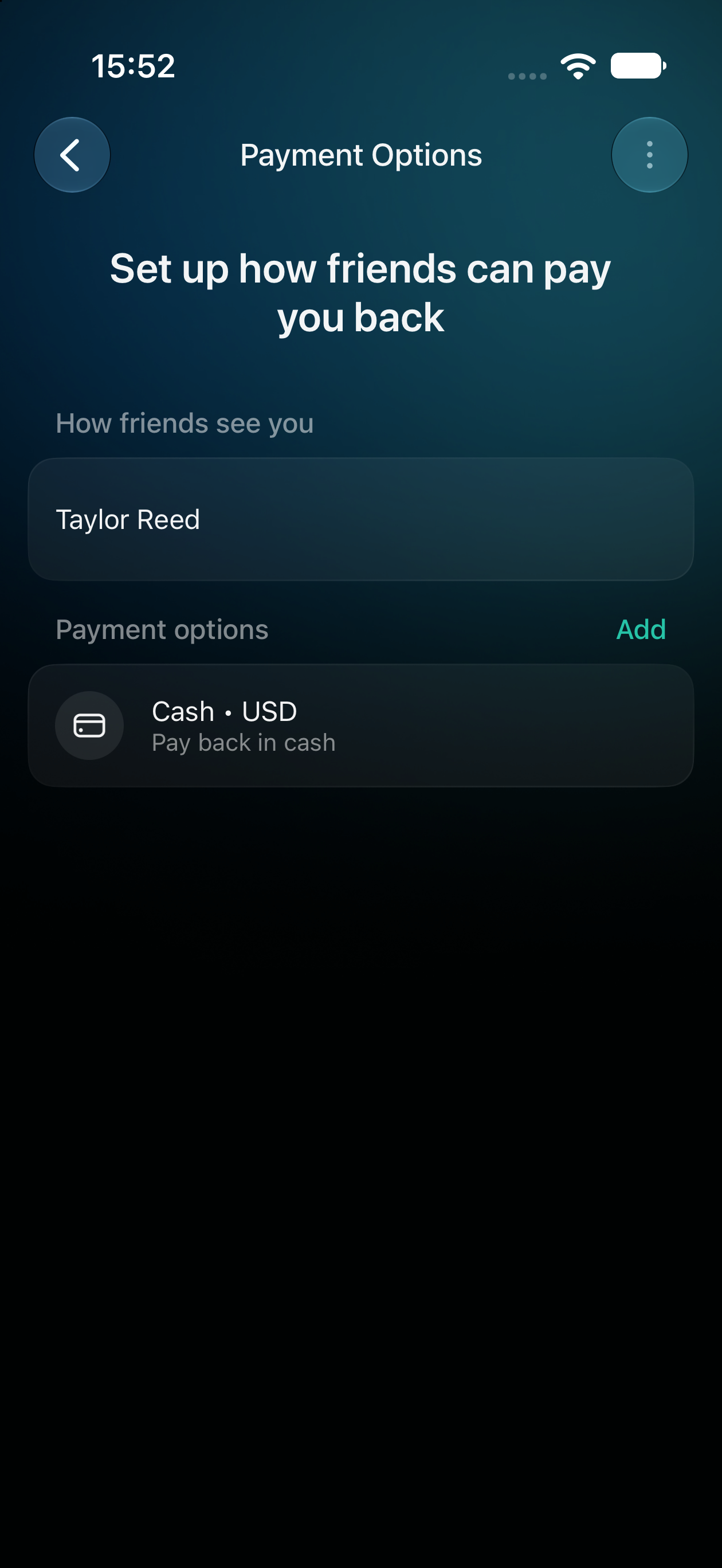 iOS Payment Options showing Taylor Reed and Cash in USD with Pay back in cash details.