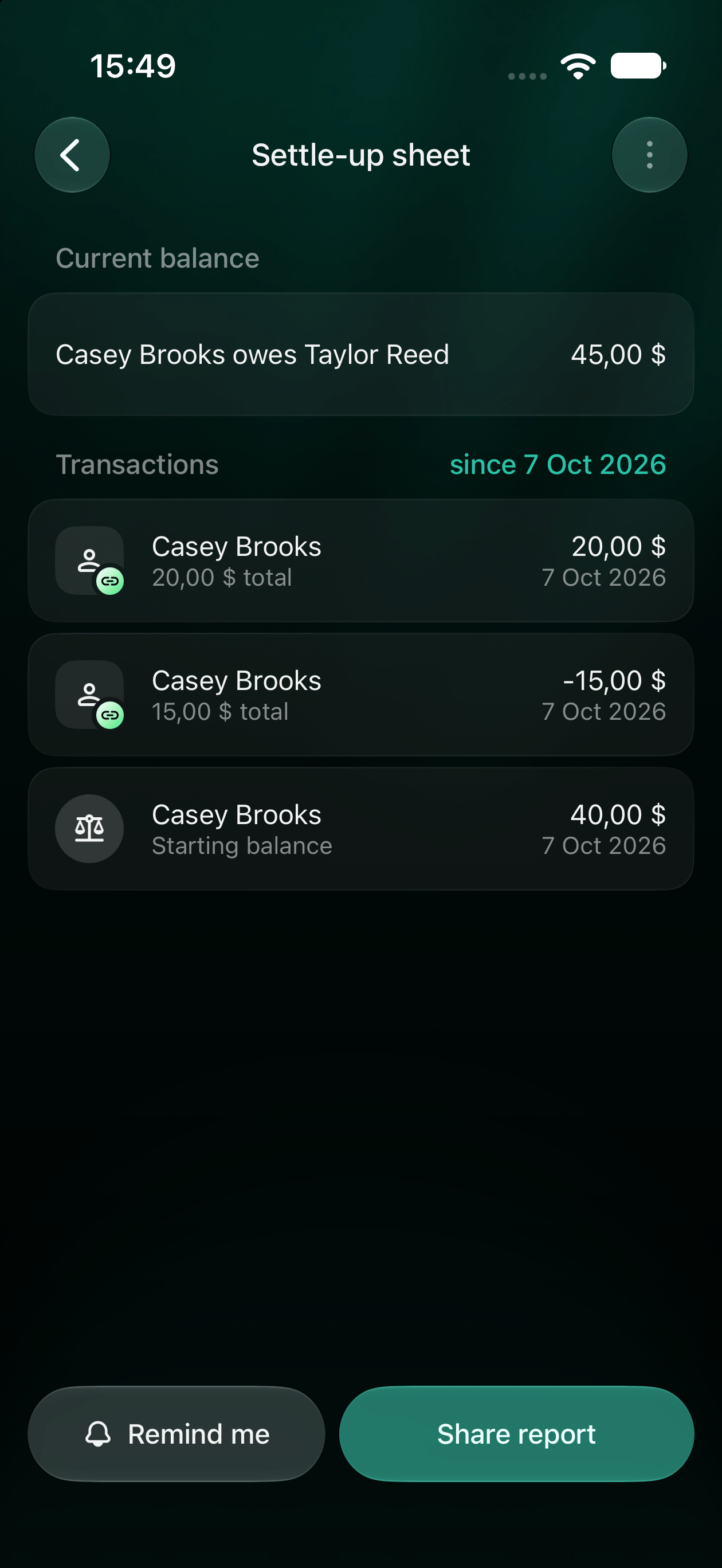 iOS settlement sheet since October 7 with a $40 starting balance, $20 loan, $15 repayment and $45 current balance.