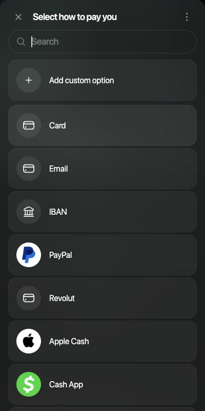 Select how to pay you panel with Add custom option and payment methods including IBAN and PayPal.