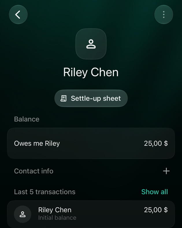 iOS Riley Chen debt account: Settle-up sheet, Balance Owes me Riley 25 dollars, and the initial balance in Last 5 transactions.