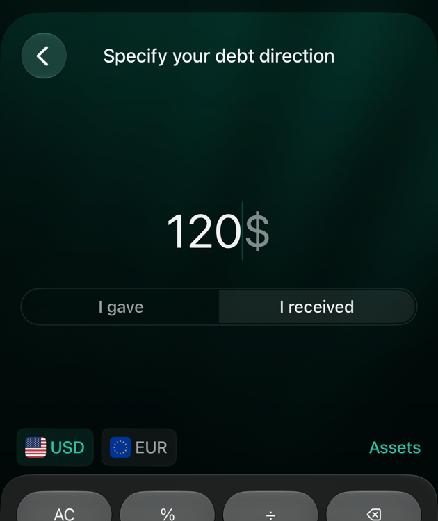 iOS Specify your debt direction screen with the amount 120 dollars and I received selected.