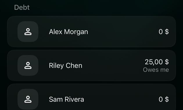 iOS Accounts list, Debt group: Alex Morgan 0 dollars, Riley Chen 25 dollars Owes me, Sam Rivera 0 dollars.