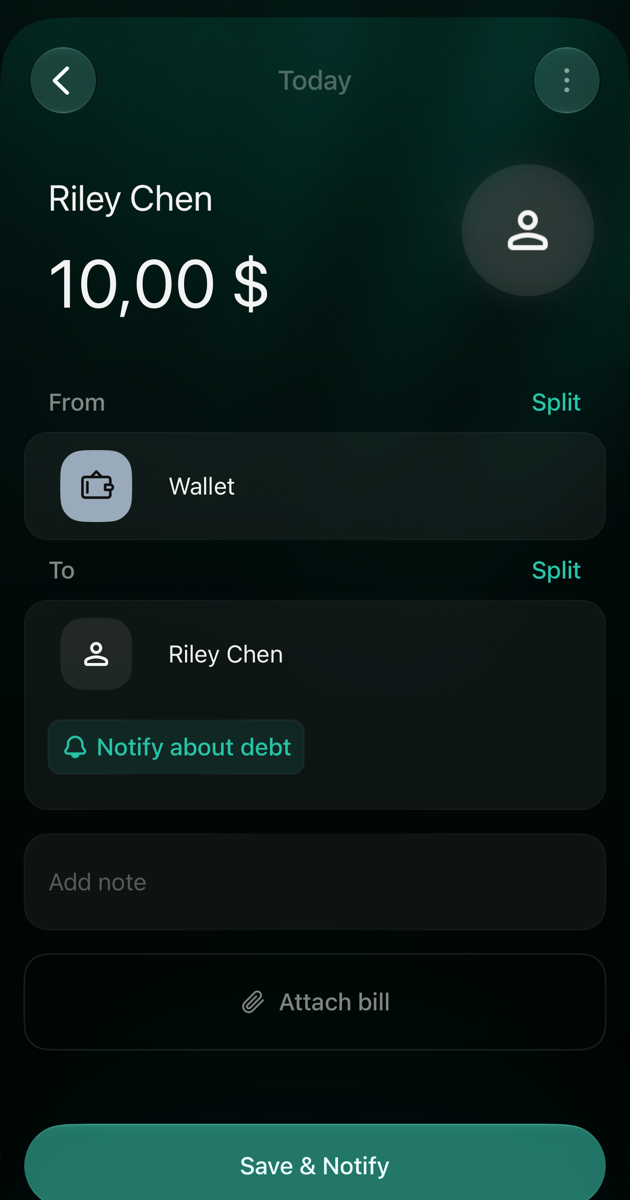 iOS transaction Riley Chen 10 dollars today, From Wallet, To Riley Chen with Notify about debt selected; the button reads Save & Notify.