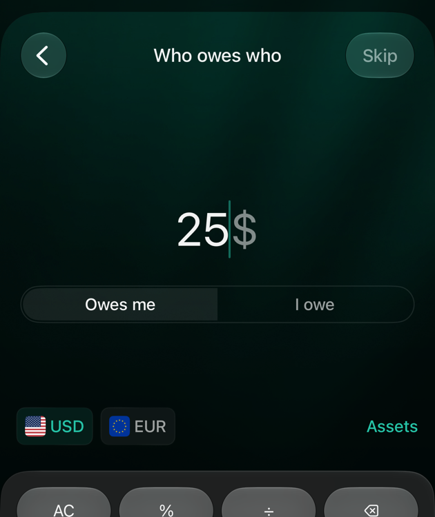 iOS Who owes who screen with 25 dollars, Owes me selected, the currencies USD and EUR, and a Skip button.