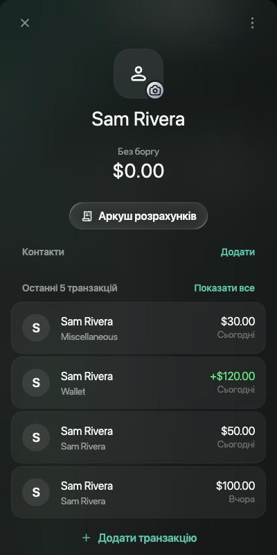 Борговий рахунок Sam Rivera: Без боргу $0.00, останні транзакції $30.00 Miscellaneous, +$120.00 Wallet, $50.00 і $100.00.