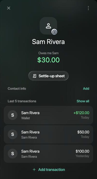 Sam Rivera debt account: Owes me Sam $30.00 in green, Settle-up sheet, and the last transactions +$120.00 Wallet, $50.00 and $100.00.