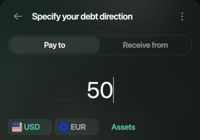 Specify your debt direction panel with Pay to selected and the amount 50 in USD.