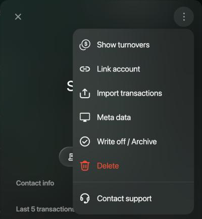 Debt account menu: Show turnovers, Link account, Import transactions, Meta data, Write off / Archive, Delete and Contact support.