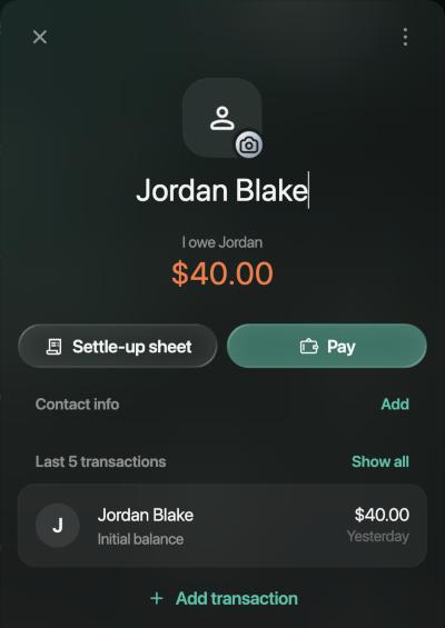 Jordan Blake debt account: I owe Jordan $40.00 in orange, with the buttons Settle-up sheet and Pay.