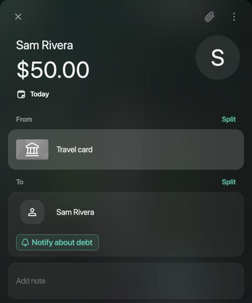 Transaction Sam Rivera $50.00 today, From Travel card, To Sam Rivera with Notify about debt selected.