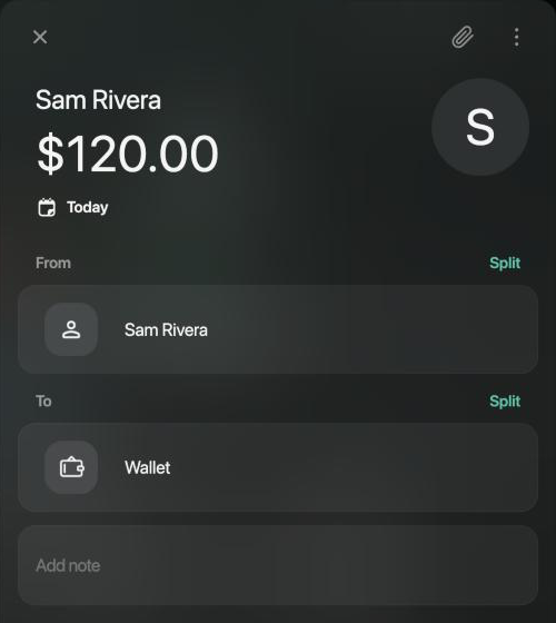 Transaction Sam Rivera $120.00 today, From Sam Rivera, To Wallet.