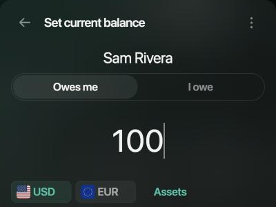 Set current balance panel for Sam Rivera with Owes me selected, the amount 100 and the currencies USD and EUR.