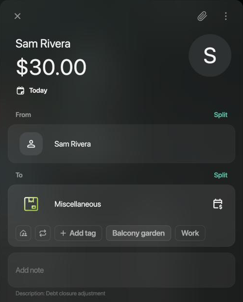 Transaction Sam Rivera $30.00 today, From Sam Rivera, To Miscellaneous, with Description: Debt closure adjustment.