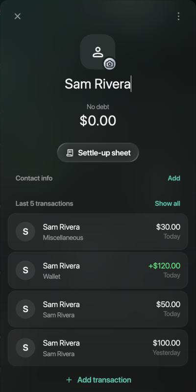 Sam Rivera debt account: No debt $0.00, with the last transactions $30.00 Miscellaneous, +$120.00 Wallet, $50.00 and $100.00.