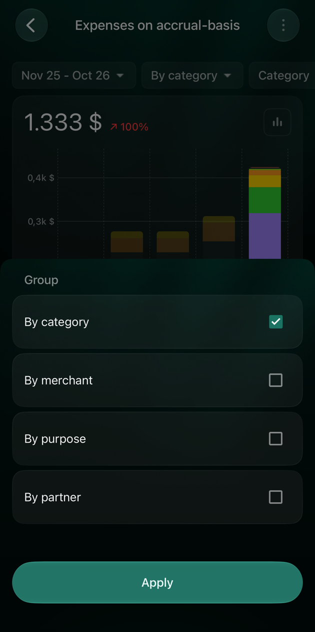 iOS Group panel: By category, checked, By merchant, By purpose, By partner, and Apply.