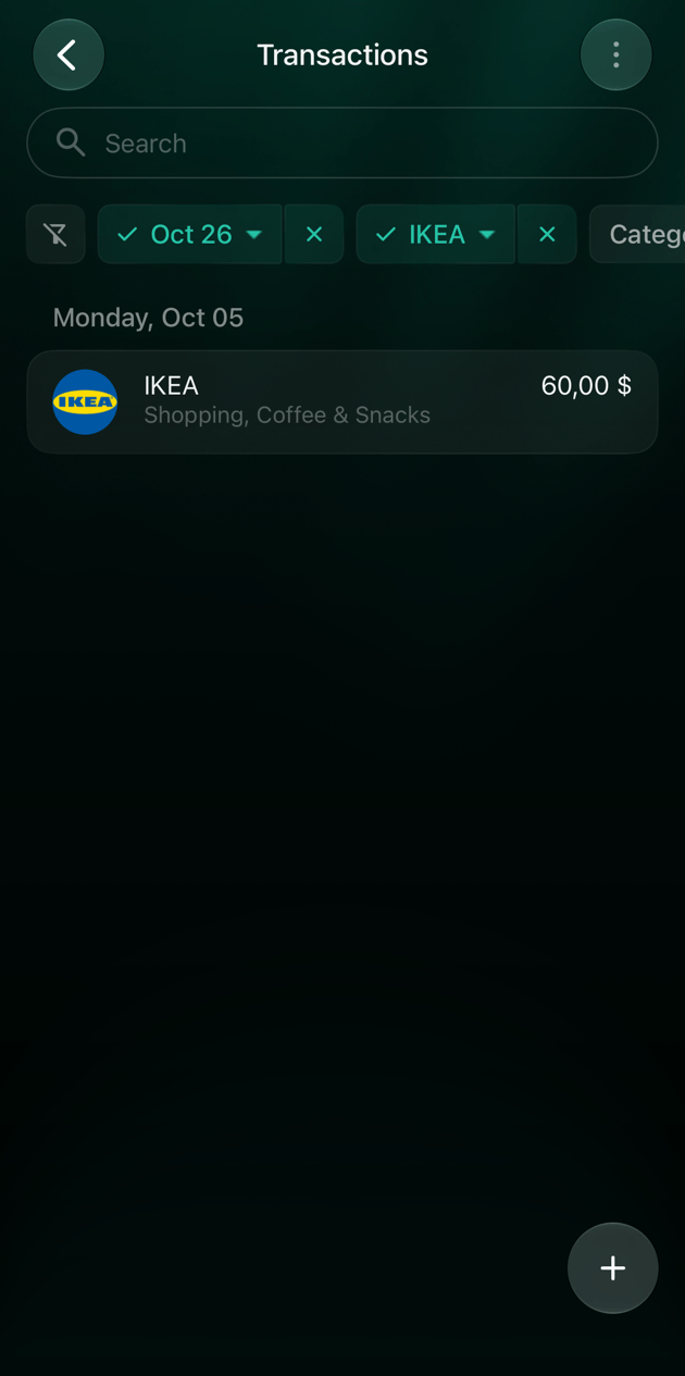 iOS Transactions filtered by Oct 26 and IKEA: IKEA 60,00 dollars on Monday, Oct 05, in Shopping and Coffee & Snacks.