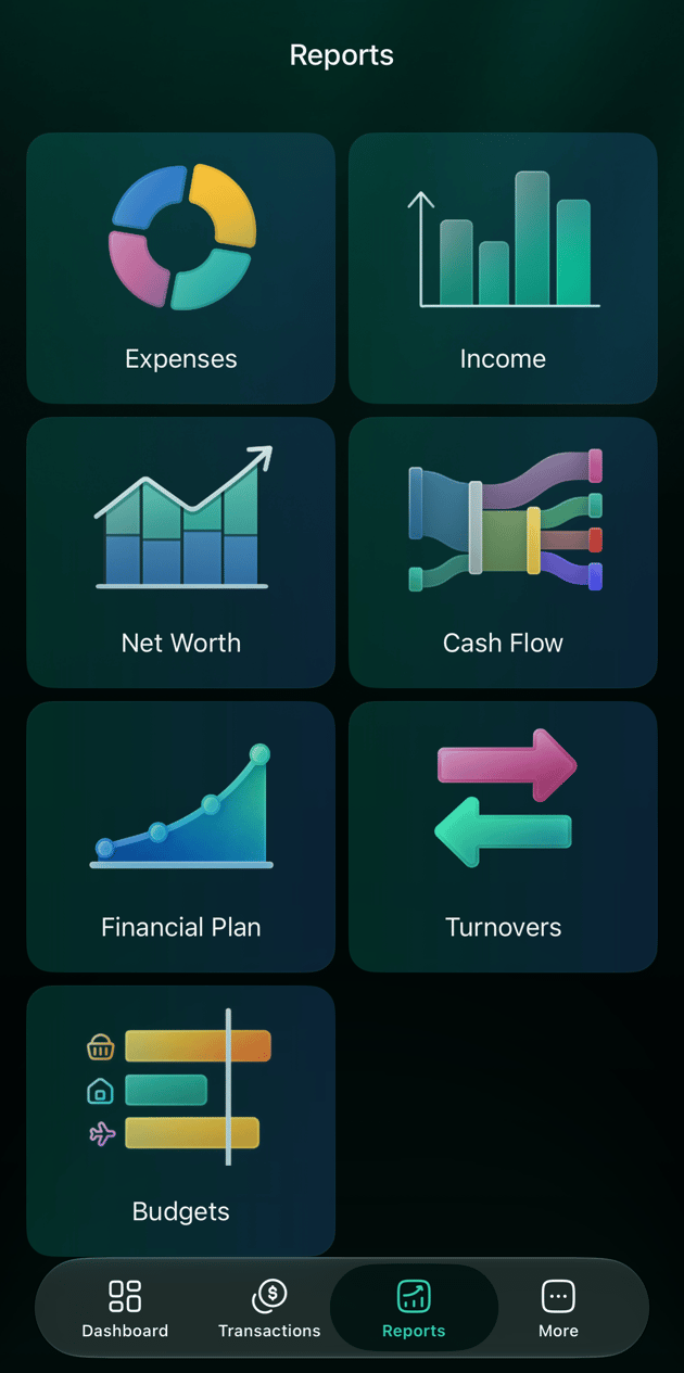 iOS Reports tab with tiles Expenses, Income, Net Worth, Cash Flow, Financial Plan, Turnovers and Budgets.