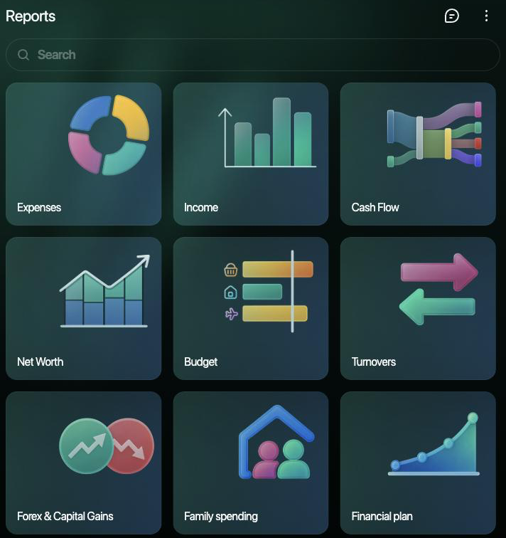 Reports page with tiles Expenses, Income, Cash Flow, Net Worth, Budget, Turnovers, Forex & Capital Gains, Family spending and Financial plan.