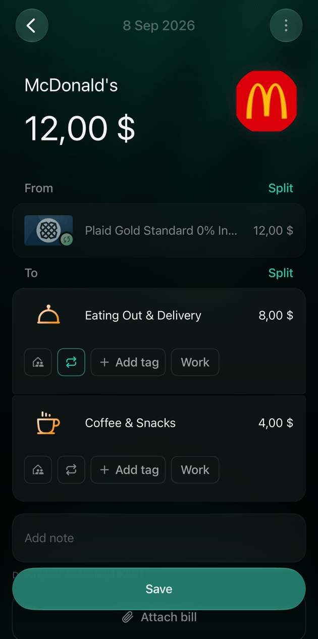 iOS McDonald's transaction of 12 dollars from the dimmed connected account Plaid Gold to Eating Out & Delivery 8 dollars and Coffee & Snacks 4 dollars, with a Save button.