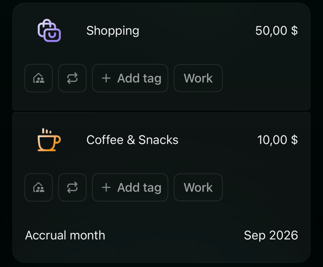 iOS parts Shopping 50 dollars and Coffee & Snacks 10 dollars with an Accrual month row showing Sep 2026.