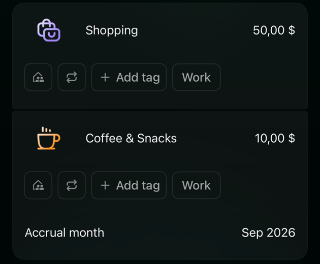 iOS parts Shopping 50 dollars and Coffee & Snacks 10 dollars with an Accrual month row showing Sep 2026.